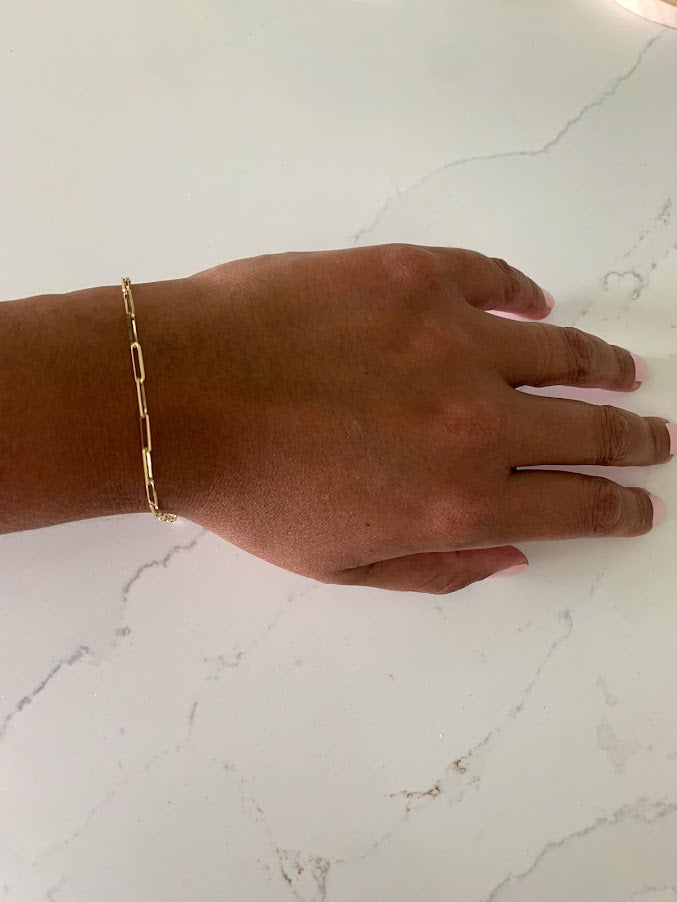 14K Solid Gold Paperclip Bracelet, Triangle Diamond Cut Solid Gold, Gift For Her, 7.5" long 3MM Wide, Real Gold Bracelet, Lightweight, Women