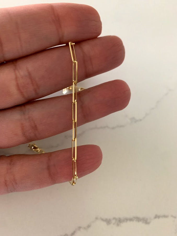14K Solid Gold Paperclip Bracelet, Triangle Diamond Cut Solid Gold, Gift for Her, 7.5 Long 3mm Wide, Real Gold Bracelet, Lightweight, Women