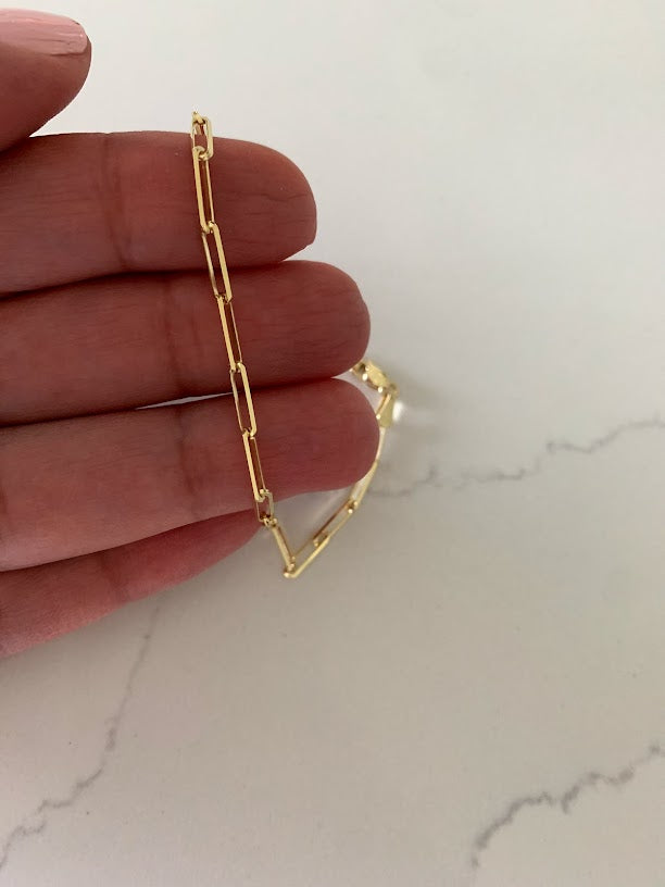 14K Solid Gold Paperclip Bracelet, Triangle Diamond Cut Solid Gold, Gift For Her, 7.5" long 3MM Wide, Real Gold Bracelet, Lightweight, Women