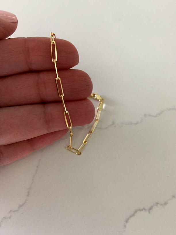 14K Solid Gold Paperclip Bracelet, Triangle Diamond Cut Solid Gold, Gift For Her, 7.5" long 3MM Wide, Real Gold Bracelet, Lightweight, Women