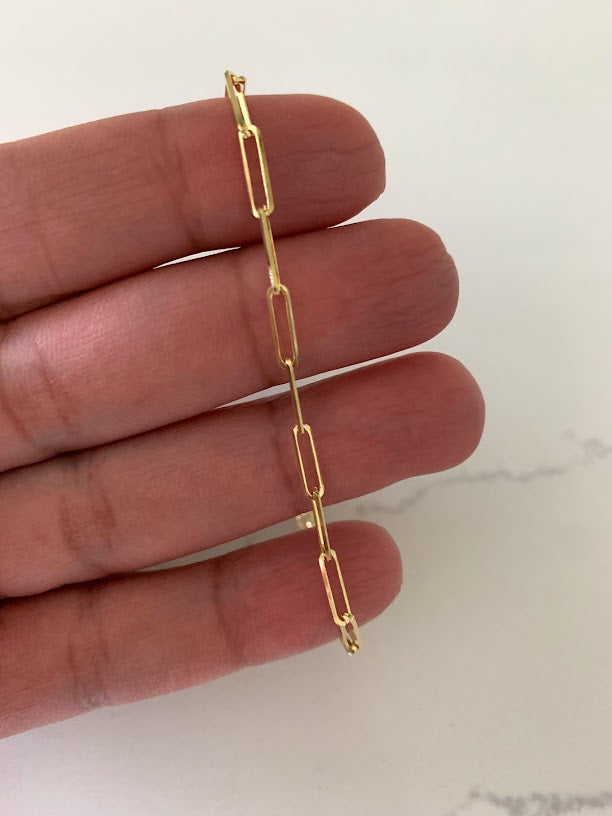14K Solid Gold Paperclip Bracelet, Triangle Diamond Cut Solid Gold, Gift For Her, 7.5" long 3MM Wide, Real Gold Bracelet, Lightweight, Women