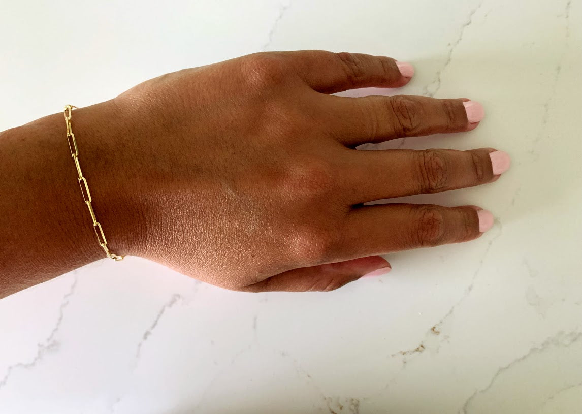 14K Solid Gold Paperclip Bracelet, Triangle Diamond Cut Solid Gold, Gift For Her, 7.5" long 3MM Wide, Real Gold Bracelet, Lightweight, Women