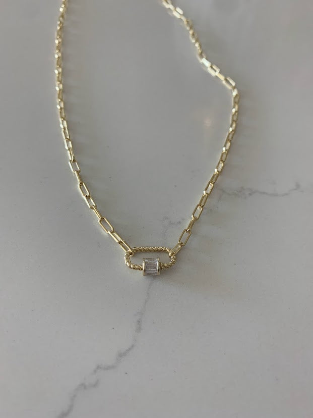 Cubic Zirconia Carabiner Lock Paperclip Link Necklace | Carabiner Paperclip Necklace | Gold over Silver 16"+2" | EXCELLENT QUALITY