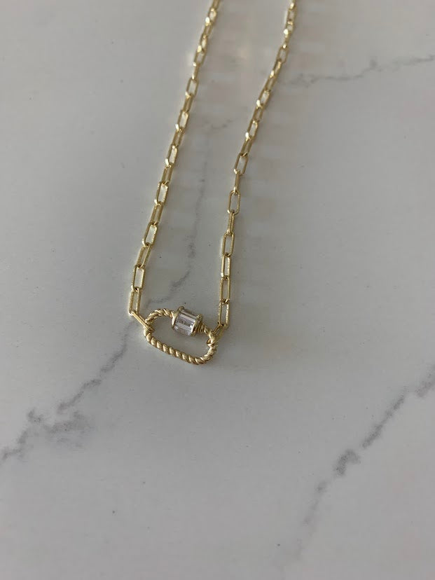 Cubic Zirconia Carabiner Lock Paperclip Link Necklace | Carabiner Paperclip Necklace | Gold over Silver 16"+2" | EXCELLENT QUALITY