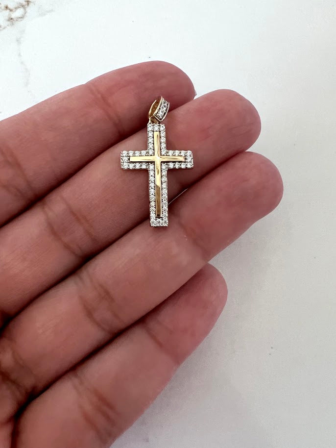 14K Solid Gold CZ Cross | Yellow Gold Cross | Catholic Pendant