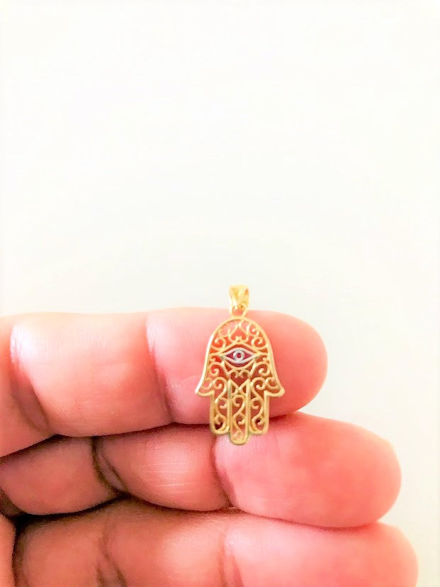 14K Solid Gold Hamsa with Evil Eye | 16MM x 11MM Two Tone Hamsa | Evil Eye Hamsa | Two TONE 14K Solid Gold Pendant