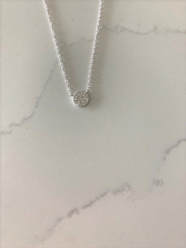 7MM Diamond Pave Disc on White Gold Chain | 38 Diamonds of .12 carats| 1MM White Gold Chain | Minimalist Jewelry | SOLID GOLD |Disc Necklace