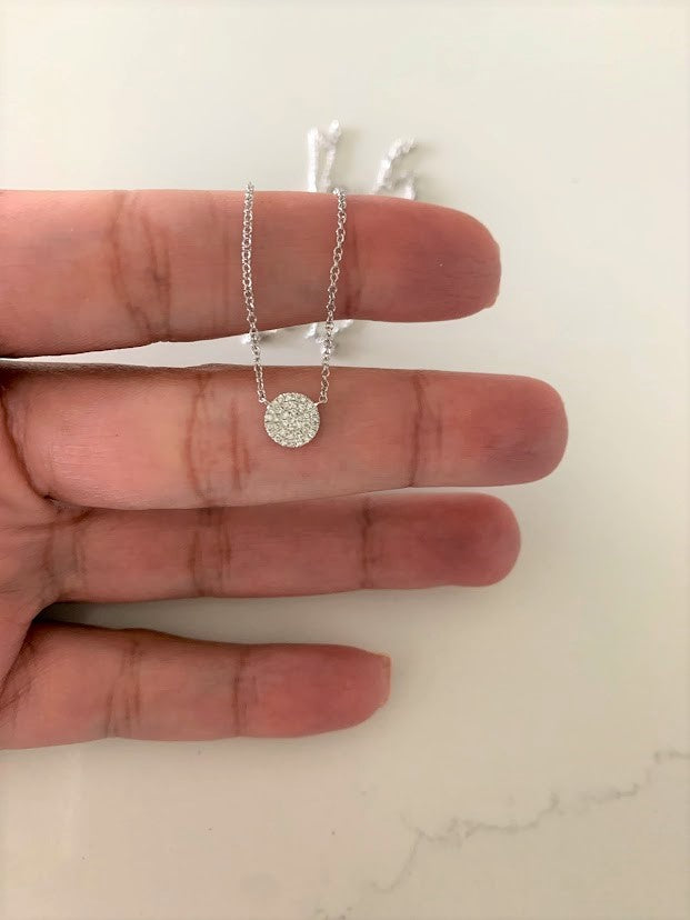 7MM Diamond Pave Disc on White Gold Chain | 38 Diamonds of .12 carats| 1MM White Gold Chain | Minimalist Jewelry | SOLID GOLD |Disc Necklace