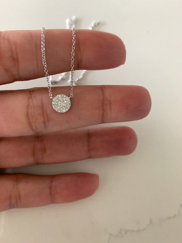 7MM Diamond Pave Disc on White Gold Chain | 38 Diamonds of .12 carats| 1MM White Gold Chain | Minimalist Jewelry | SOLID GOLD |Disc Necklace