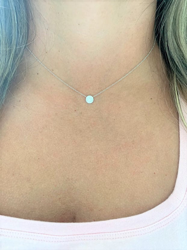 7MM Diamond Pave Disc on White Gold Chain | 38 Diamonds of .12 carats| 1MM White Gold Chain | Minimalist Jewelry | SOLID GOLD |Disc Necklace