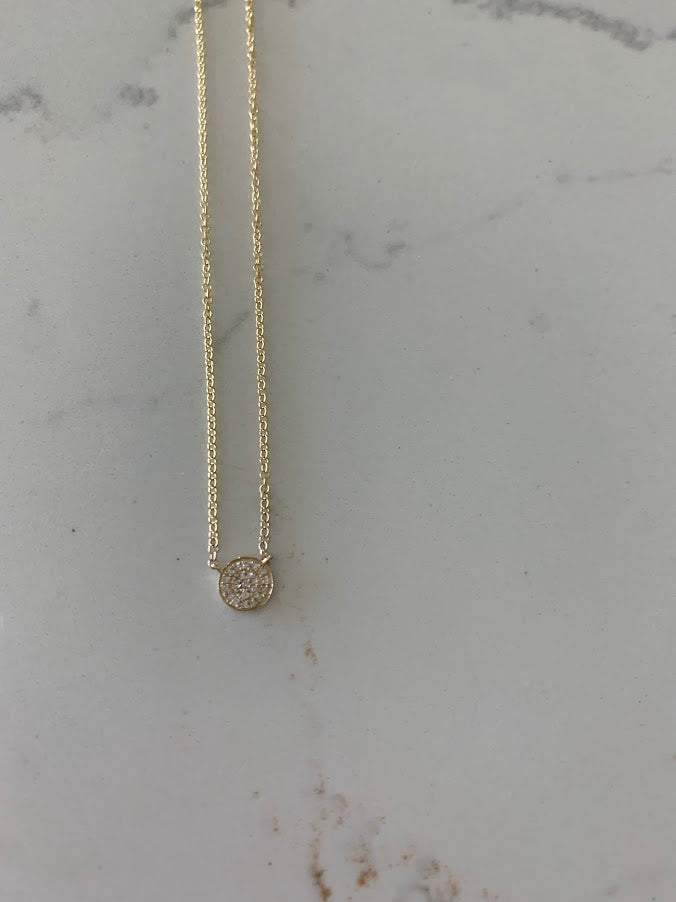 7MM Diamond Pave Disc on White Gold Chain | 38 Diamonds of .12 carats| 1MM White Gold Chain | Minimalist Jewelry | SOLID GOLD |Disc Necklace