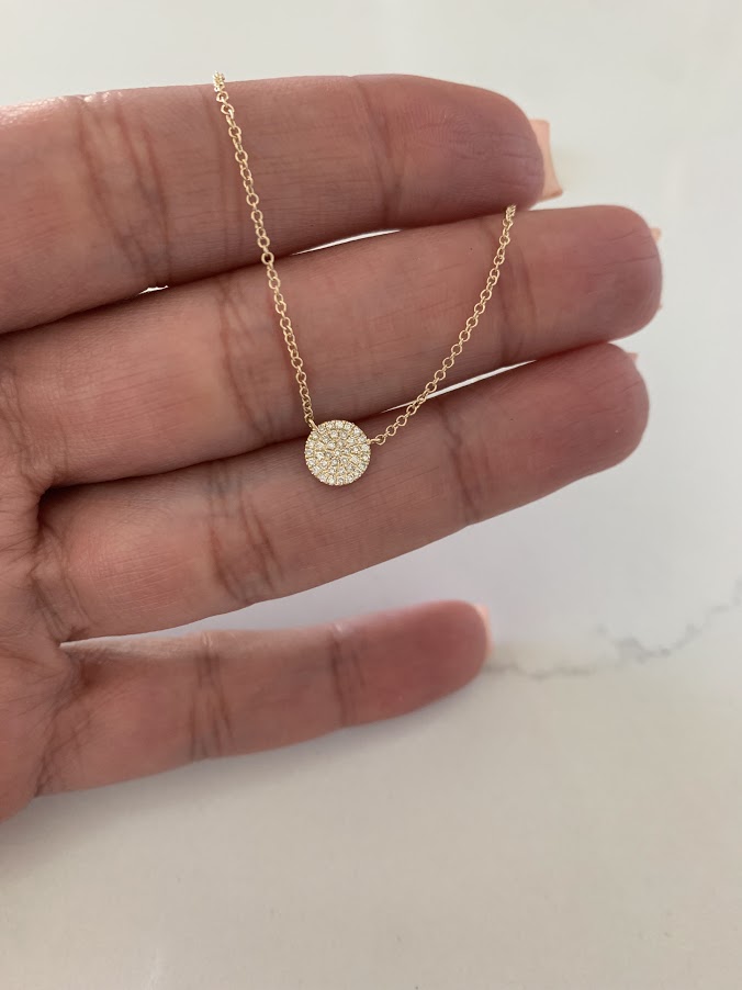 7MM Diamond Pave Disc on White Gold Chain | 38 Diamonds of .12 carats| 1MM White Gold Chain | Minimalist Jewelry | SOLID GOLD |Disc Necklace