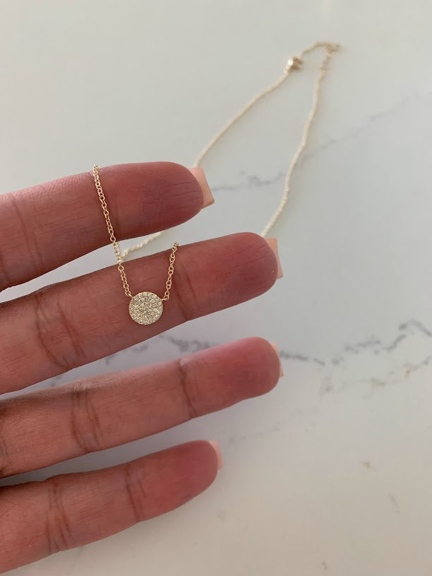 7MM Diamond Pave Disc on White Gold Chain | 38 Diamonds of .12 carats| 1MM White Gold Chain | Minimalist Jewelry | SOLID GOLD |Disc Necklace