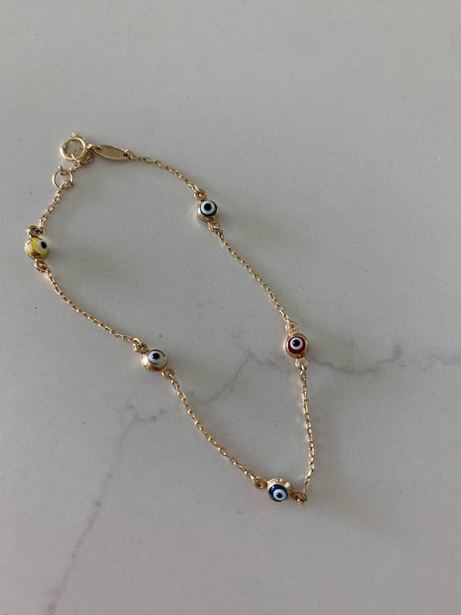 14K Gold Multicolor Evil Eye Bracelet , Blue, Red, White and Yellow Evil Eye, 3mm Eye Diameter, 7" Length, Lobster Clasp, Dainty Bracelet
