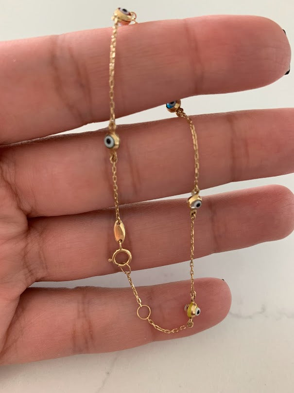 14K Gold Multicolor Evil Eye Bracelet , Blue, Red, White and Yellow Evil Eye, 3mm Eye Diameter, 7" Length, Lobster Clasp, Dainty Bracelet