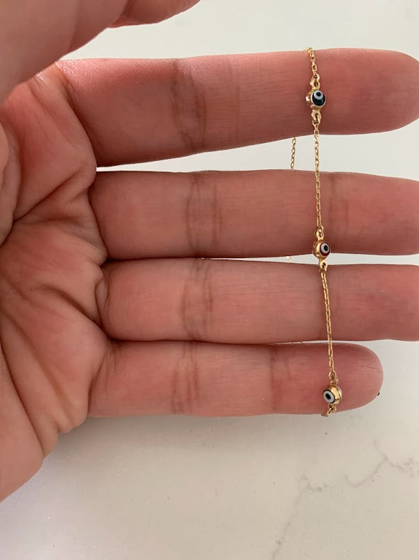 14K Gold Multicolor Evil Eye Bracelet , Blue, Red, White and Yellow Evil Eye, 3mm Eye Diameter, 7" Length, Lobster Clasp, Dainty Bracelet