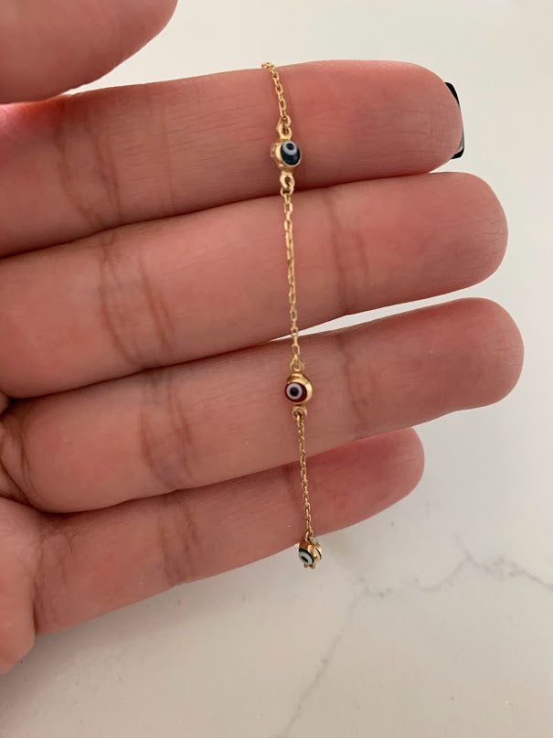 14K Gold Multicolor Evil Eye Bracelet , Blue, Red, White and Yellow Evil Eye, 3mm Eye Diameter, 7" Length, Lobster Clasp, Dainty Bracelet