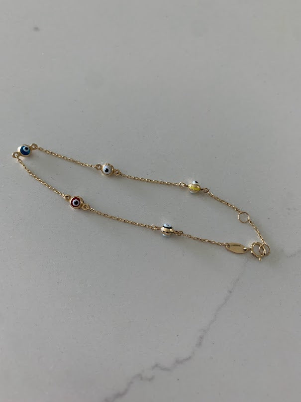 14K Gold Multicolor Evil Eye Bracelet , Blue, Red, White and Yellow Evil Eye, 3mm Eye Diameter, 7" Length, Lobster Clasp, Dainty Bracelet