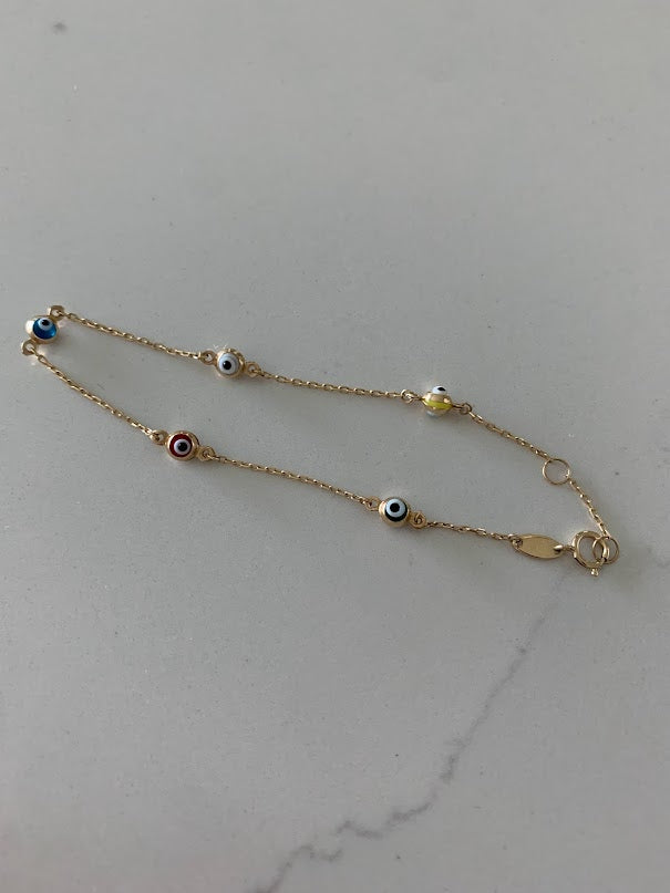 14K Gold Multicolor Evil Eye Bracelet , Blue, Red, White and Yellow Evil Eye, 3mm Eye Diameter, 7" Length, Lobster Clasp, Dainty Bracelet