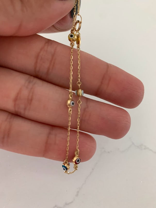 14K Gold Multicolor Evil Eye Bracelet , Blue, Red, White and Yellow Evil Eye, 3mm Eye Diameter, 7" Length, Lobster Clasp, Dainty Bracelet