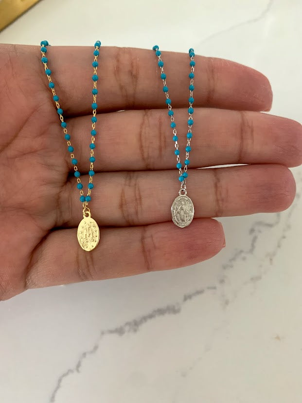 Our Lady of Miracles on a Blue Beaded Sterling Silver Chain