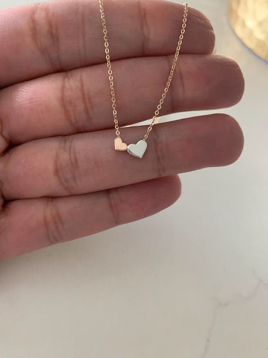 14K Gold Double Hearts Necklace | Solid Gold Necklace | Tri-Color Dainty Gold Necklace | Solid Gold Mother Daughter Hearts Necklace | 17"+1"