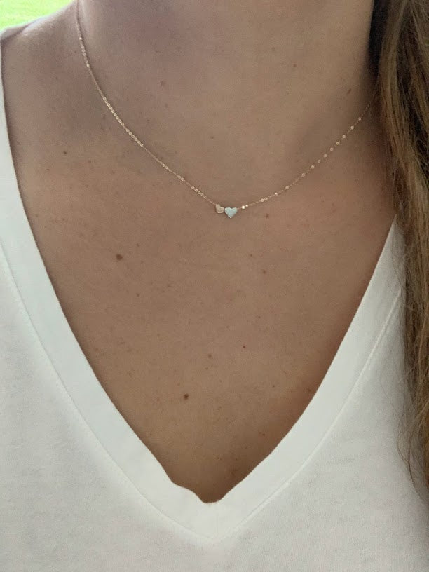 14K Gold Double Hearts Necklace | Solid Gold Necklace | Tri-Color Dainty Gold Necklace | Solid Gold Mother Daughter Hearts Necklace | 17"+1"