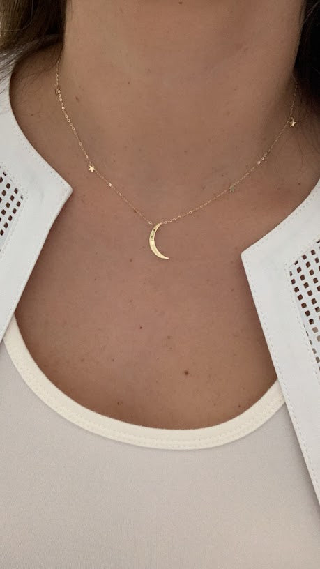 14K Gold Moon with Stars Necklace AND Lighting Bolt Adjustable Choker | Layering