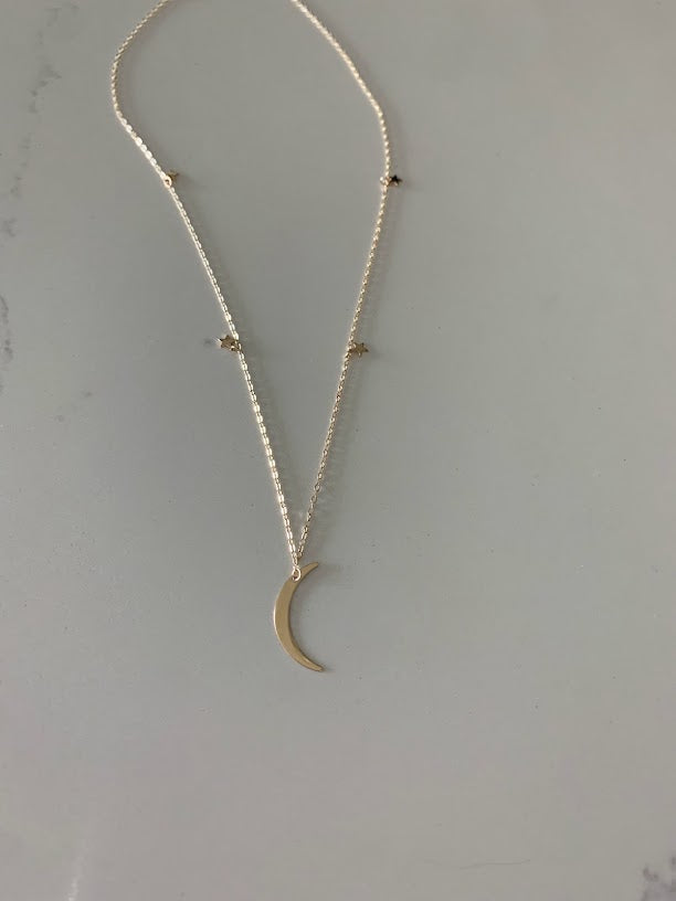 14K Gold Moon with Stars Necklace AND Lighting Bolt Adjustable Choker | Layering