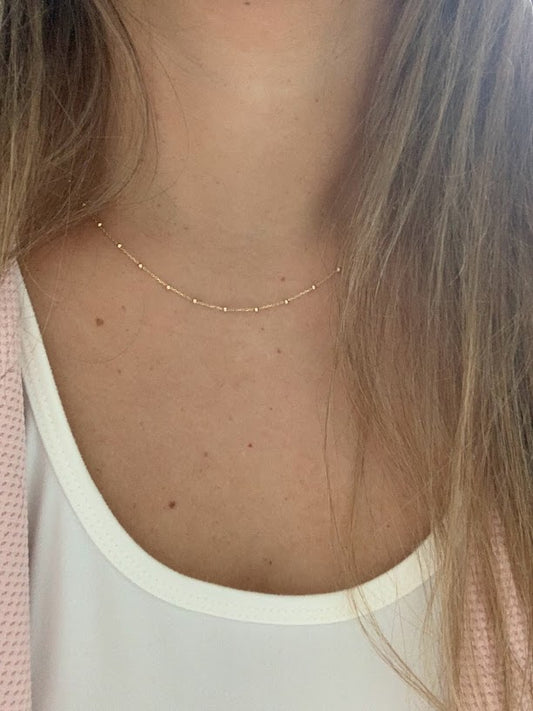14k Solid Gold Tiny Beads Necklace, Dainty Necklace, Satellite Layering Necklace, 16"/18" Necklace
