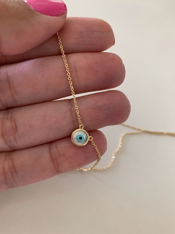 14K Mother of Pearl Evil Eye Necklace | 7MM Evil Eye Minimalist Necklace | | Guardian Eye