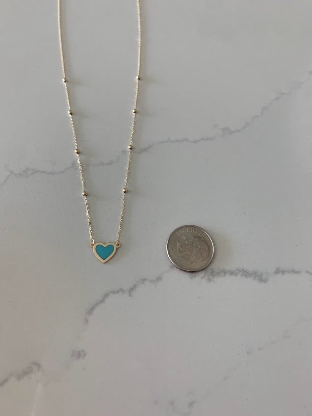 Turquoise Small Heart 14K Gold Satellite Necklace | Enamel | 8MM Heart Gold Chain | Dainty Necklace |  | Minimalist Jewelry | SOLID GOLD