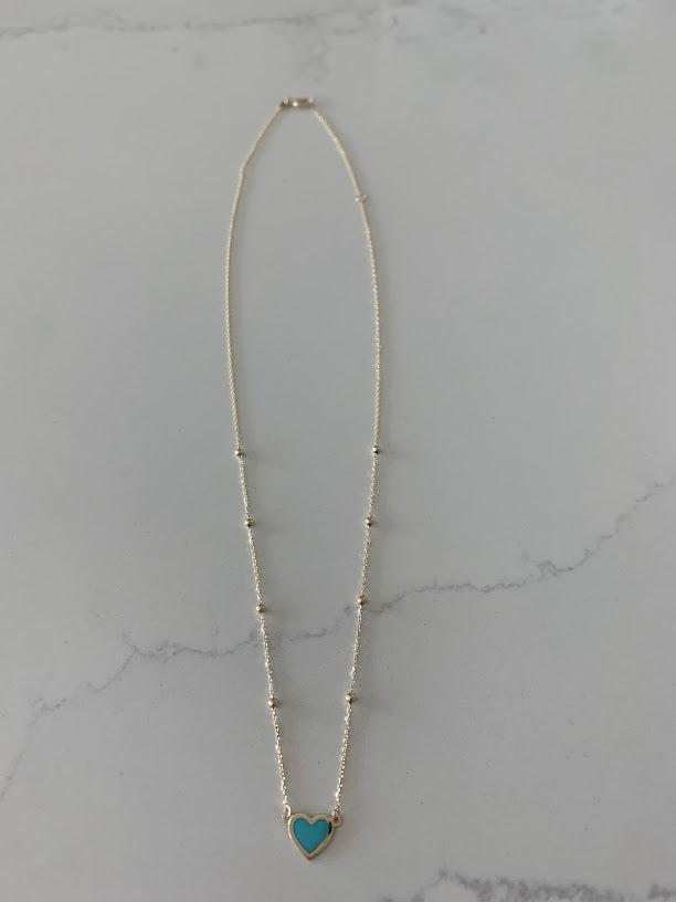 Turquoise Small Heart 14K Gold Satellite Necklace | Enamel | 8MM Heart Gold Chain | Dainty Necklace |  | Minimalist Jewelry | SOLID GOLD
