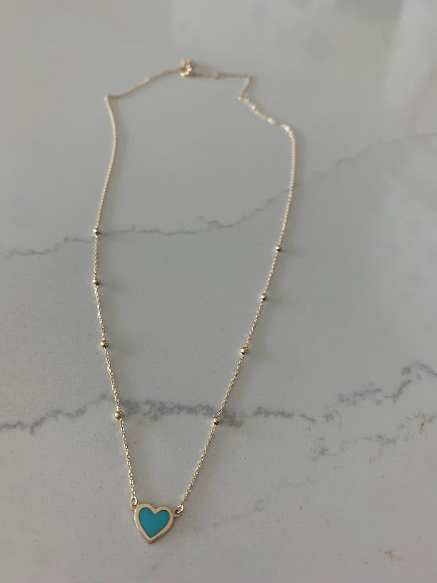 Turquoise Small Heart 14K Gold Satellite Necklace | Enamel | 8MM Heart Gold Chain | Dainty Necklace |  | Minimalist Jewelry | SOLID GOLD