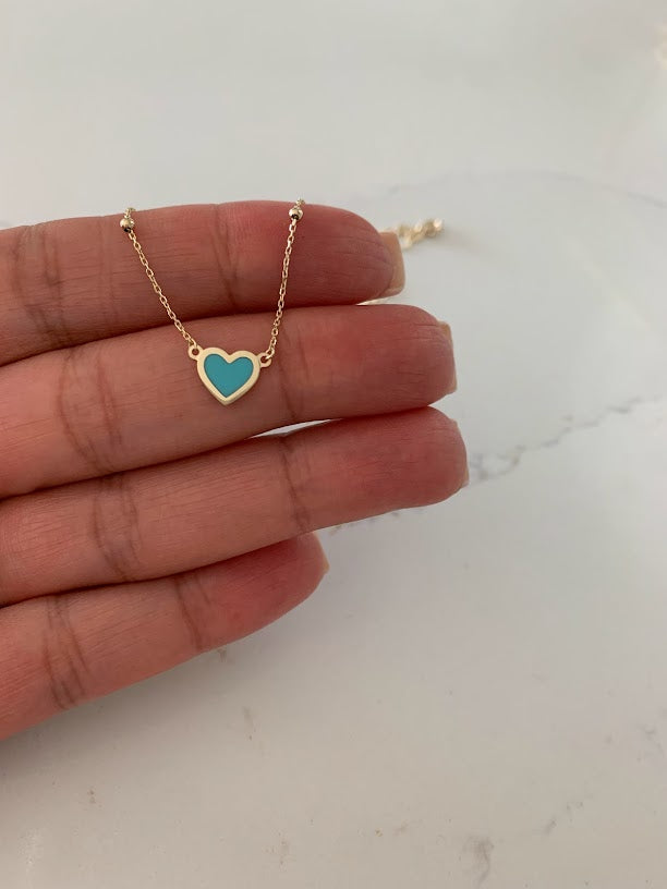 Turquoise Small Heart 14K Gold Satellite Necklace | Enamel | 8MM Heart Gold Chain | Dainty Necklace |  | Minimalist Jewelry | SOLID GOLD