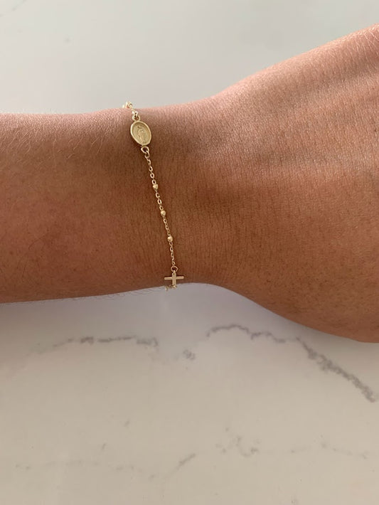 14K Yellow Gold Rosary Bracelet, Solid Gold Rosary Bracelet, Miraculous Virgin Mary Medal and Cross Bracelet, Religious Jewelry For Women