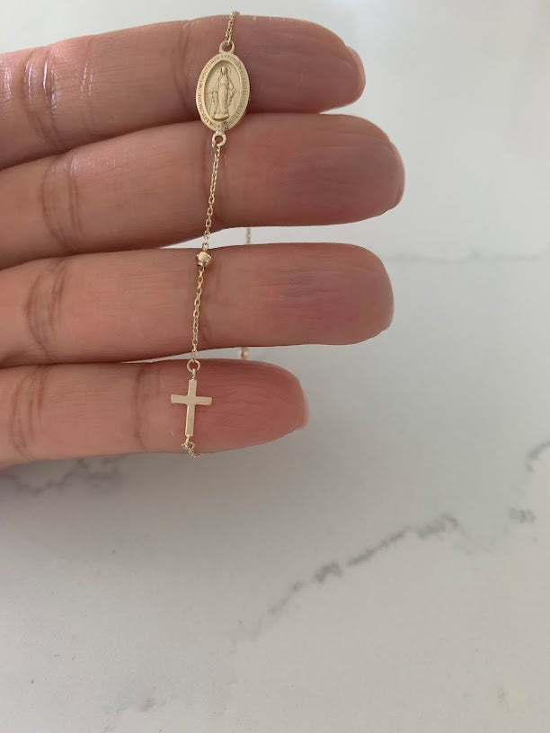 14K Yellow Gold Rosary Bracelet, Solid Gold Rosary Bracelet, Miraculous Virgin Mary Medal and Cross Bracelet, Religious Jewelry For Women