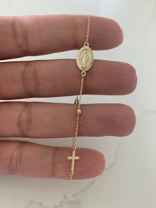 14K Yellow Gold Rosary Bracelet, Solid Gold Rosary Bracelet, Miraculous Virgin Mary Medal and Cross Bracelet, Religious Jewelry For Women