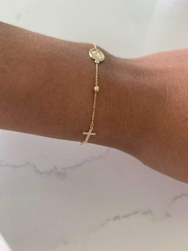 14K Yellow Gold Rosary Bracelet, Solid Gold Rosary Bracelet, Miraculous Virgin Mary Medal and Cross Bracelet, Religious Jewelry For Women