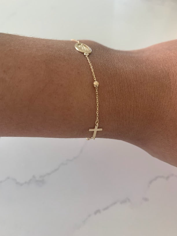 14K Yellow Gold Rosary Bracelet, Solid Gold Rosary Bracelet, Miraculous Virgin Mary Medal and Cross Bracelet, Religious Jewelry For Women