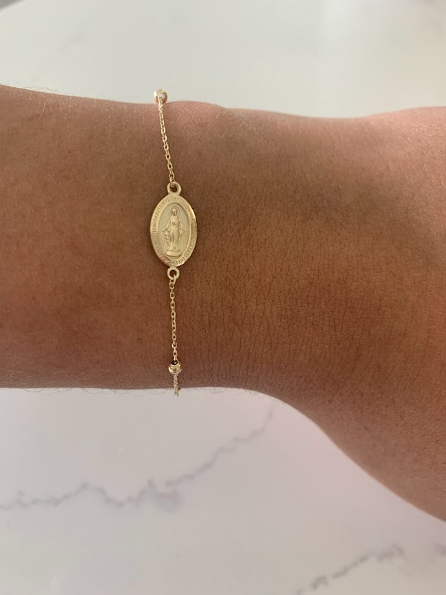 14K Yellow Gold Rosary Bracelet, Solid Gold Rosary Bracelet, Miraculous Virgin Mary Medal and Cross Bracelet, Religious Jewelry For Women