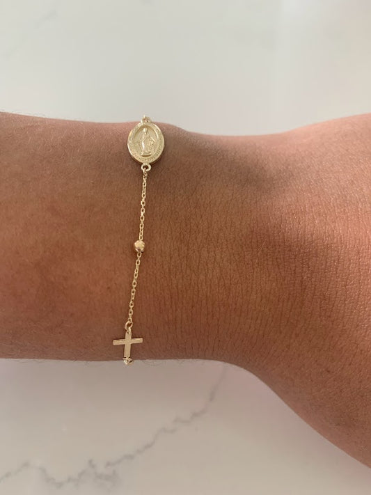 14K Yellow Gold Rosary Bracelet, Solid Gold Rosary Bracelet, Miraculous Virgin Mary Medal and Cross Bracelet, Religious Jewelry For Women