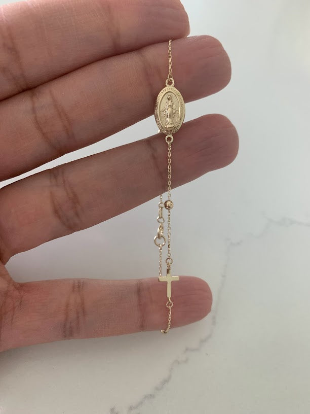 14K Yellow Gold Rosary Bracelet, Solid Gold Rosary Bracelet, Miraculous Virgin Mary Medal and Cross Bracelet, Religious Jewelry For Women