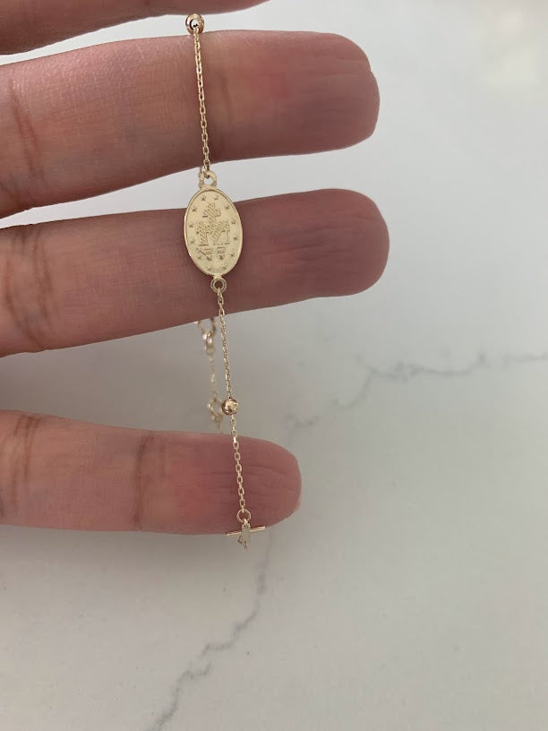 14K Yellow Gold Rosary Bracelet, Solid Gold Rosary Bracelet, Miraculous Virgin Mary Medal and Cross Bracelet, Religious Jewelry For Women