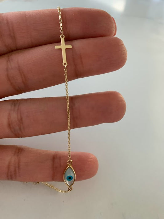 14K Gold Evil Eye Bracelet , Mother of Pearl Evil Eye, 6mm Eye Diameter, 7" Length, Spring Clasp, Dainty Chain Bracelet