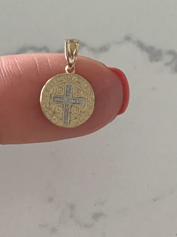 10MM 14K Solid Gold Saint Benedict | Two Tone or White Gold Religious Pendant | Saint Benedict Pendant | Two TONE 14K Solid Gold Pendant