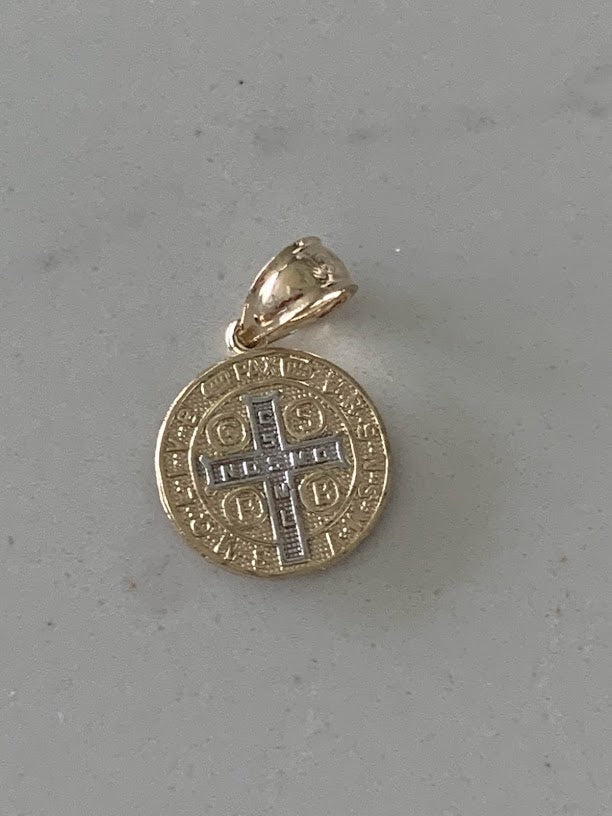 10MM 14K Solid Gold Saint Benedict | Two Tone or White Gold Religious Pendant | Saint Benedict Pendant | Two TONE 14K Solid Gold Pendant