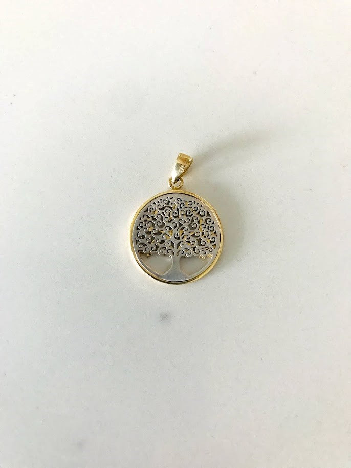 17MM 14K Solid Gold Family Tree | Yellow and White Gold Tree of Life | Tree Pendant | Two TONE 14K Solid Gold Pendant