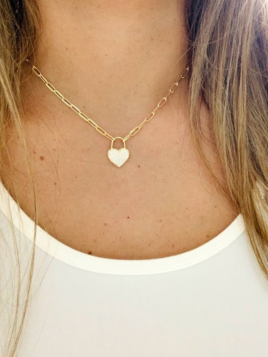 Heart Lock on Paperclip Necklace | Sterling Silver Drawn Cable Chain with a Heart Pendant