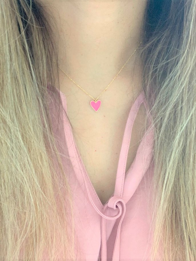 Enamel Heart Charm Necklace, Lovely Heart Pendant Necklace, 18K Gold over Genuine Sterling Silver, Excellent Quality,Pink, White, Blue Heart